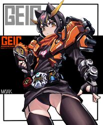  armor black_gloves black_panties black_skirt black_thighhighs elbow_gloves female fingerless_gloves geiz_revive geiz_revive_goretsu genderswap_(mtf) gloves highres holding holding_weapon horns hourglass kamen_rider kamen_rider_geiz kamen_rider_zi-o_(series) long_hair looking_at_viewer max-k official_alternate_costume orange_armor panties pantyshot revive_ridewatch rider-tan rule_63 skirt solo thighhighs thighs tokusatsu translation_request underwear weapon yellow_eyes yellow_horns ziku_driver 