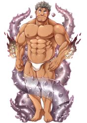  1boy abs bara barefoot beard bombom brown_eyes bulge closed_mouth dagon_(housamo) facial_hair fish_boy full_body grey_hair large_pectorals long_sideburns looking_at_viewer male_focus male_underwear mature_male muscular muscular_male navel nipples official_art pectorals sideburns simple_background solo sparkle standing stomach tachi-e tentacle third-party_source tokyo_afterschool_summoners topless_male transparent_background underwear underwear_only 