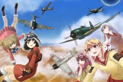  5girls a6m_zero adjusting_scarf aircraft airplane amakasu_miyabi armband backpack bag black_footwear black_gloves black_hair blue_eyes blue_sky boots brown_eyes brown_gloves brown_hair chika_(kouya_no_kotobuki_hikoutai) closed_mouth cloud cloudy_sky coat commentary commission crossover day emblem falling fingerless_gloves flying frown fur-trimmed_boots fur-trimmed_gloves fur_trim glasses gloves goggles goggles_around_neck goggles_on_head goggles_on_headwear hagoromo_maki hair_ornament highres jacket kabosu_(shidenkai_no_maki) ki-43_hayabusa ki-61_hien kirie_(kouya_no_kotobuki_hikoutai) knee_boots kogarashi_kei kouya_no_kotobuki_hikoutai leaning_forward long_sleeves looking_at_another looking_at_viewer military military_vehicle miniskirt motion_blur multiple_girls n1k2-j outdoors parted_lips pink_jacket pink_scarf pleated_skirt purple_hair purple_skirt rabbit rabbit_hair_ornament red-framed_eyewear red_coat roundel scamp_(scamp_f16) scarf school_uniform serafuku shidenkai_no_maki short_hair short_twintails skirt sky smile sweater twintails vehicle_focus white_hair yellow_sweater 