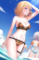  2girls bare_shoulders bikini blonde_hair blue_eyes blurry blurry_background blush breasts cleavage closed_mouth cowboy_shot dutch_angle garter_straps gawr_gura groin hair_ornament hand_on_own_head highres hololive hololive_english keipup large_breasts looking_at_viewer medium_breasts medium_hair multiple_girls navel outdoors plaid plaid_bikini pocket_watch sky smile solo_focus summer swimsuit syringe virtual_youtuber wading watch water watson_amelia wristband 