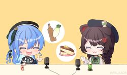  2girls 2zibure :3 animal_ears black_headwear blue_hair blush braid brown_hair butter chibi closed_eyes colored_inner_hair commentary_request cup daikon dog_ears drinking_glass drinking_straw food grater hair_between_eyes hat highres hololive hoshimachi_suisei hoshimachi_suisei_(casual) inui_toko juice_box long_hair long_sleeves microphone multicolored_hair multiple_girls nijisanji official_alternate_costume open_mouth pancake plate radish smile star_(symbol) twin_braids twitter_username virtual_youtuber yellow_background 