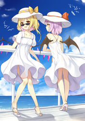  2girls :d alternate_costume bare_arms bare_shoulders bat_wings bird blonde_hair blue_sky bow cloud collarbone commentary crystal day dress fangs feet flan_(seeyouflan) flandre_scarlet flock from_behind full_body hat hat_bow high_heels highres light_purple_hair long_hair looking_at_viewer multiple_girls one_side_up open_mouth orange_bow outdoors photoshop_(medium) railing red_bow red_eyes remilia_scarlet sandals shadow short_hair short_sleeves sky smile standing strappy_heels sundress sunglasses toenails toes touhou water white_dress white_footwear white_headwear wings 