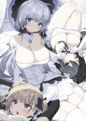  3girls absurdres arms_behind_head azur_lane bad_id bad_pixiv_id black_hair blue_eyes blue_gemstone breasts cleavage covered_nipples detached_collar dress elbow_gloves formidable_(azur_lane) frilled_dress frills garter_straps gem gloves green_eyes grey_hair hair_between_eyes hat highres illustrious_(azur_lane) indomitable_(azur_lane) lace_trim large_breasts long_hair looking_at_viewer lying maratang multiple_girls on_back one_eye_closed pale_skin red_eyes ribbon strapless strapless_dress sun_hat thighhighs two-tone_dress two-tone_ribbon very_long_hair white_dress white_gloves white_hair white_headwear white_theme white_thighhighs 