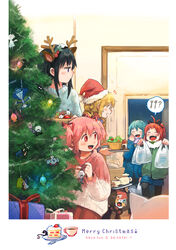  5girls akemi_homura anthony_(madoka_magica) antlers cake character_request charlotte_(madoka_magica) christmas christmas_ornaments christmas_tree commentary_request cup familiar_(madoka_magica) food fork gertrud_(madoka_magica) gift hat horns kaname_madoka kyuubee lilia_(madoka_magica) lotte_(madoka_magica) mahou_shoujo_madoka_magica mahou_shoujo_madoka_magica:_hangyaku_no_monogatari miki_sayaka multiple_girls oerba_yun_fang patricia_(madoka_magica) photoshop_(medium) pyotr_(madoka_magica) reindeer_antlers sakura_kyoko santa_hat silverxp smile soul_gem sweater tea teacup teapot tomoe_mami walpurgisnacht_(madoka_magica) witch_(madoka_magica) 