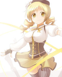  blonde_hair breasts commentary_request drill_hair female gun hat hitomoji_(artist) large_breasts mahou_shoujo_madoka_magica mahou_shoujo_madoka_magica_(anime) photoshop_(medium) solo striped thighhighs tomoe_mami tomoe_mami_(magical_girl) vertical_stripes weapon 