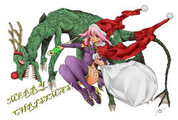  antlers boots breasts bridal_gauntlets cape christmas commentary_request dark_skin facial_mark female from_side full_body hair_between_eyes hat highres horns jewelry looking_to_the_side merry_christmas monster necklace original pelvic_curtain photoshop_(medium) pink_hair purple_footwear purple_legwear red_eyes sack santa_hat signature small_breasts tahira_ureka teeth thigh_boots thighhighs 