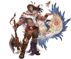  1boy abs axe belt bird boots brown_eyes brown_hair cape circlet dark-skinned_male dark_skin eso_(granblue_fantasy) facial_mark feathers full_body granblue_fantasy jewelry long_hair male_focus minaba_hideo necklace official_art solo topless_male transparent_background weapon 