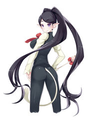  absurdres ass black_hair breasts commentary_request female from_behind go!_princess_precure highres large_breasts long_hair looking_at_viewer looking_back miss_siamour miss_siamour_(human) paw_wand photoshop_(medium) pointy_ears precure purple_eyes revision satou_(kuso-neet) simple_background smile solo tail twintails very_long_hair white_background 