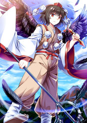  alternate_costume bird_wings black_hair black_wings commentary_request e.o. feathers female hat hat_ribbon highres japanese_clothes long_sleeves pants polearm pom_pom_(clothes) red_eyes ribbon sash shakujou shameimaru_aya shirt solo staff tokin_hat touhou vajra_(object) weapon wide_sleeves wings yuigesa 