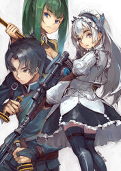  1boy 2girls akari_acura black_hair black_thighhighs blue_eyes breasts bridal_gauntlets butterfly_hair_ornament chaika_trabant cleavage cleavage_cutout clothing_cutout commentary_request dated dress dual_wielding from_behind green_hair gun hair_ornament hairband highres hitsugi_no_chaika holding lolita_hairband long_hair looking_back medium_breasts multiple_girls ponytail purple_eyes reverse_grip rifle short_hair sniper_rifle suzuno_(bookshelf) thick_eyebrows thighhighs tooru_acura weapon white_hair 