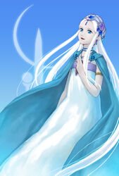  aqua_eyes cape choker commentary_request dress earrings fantastic_children female furuu jewelry pale_skin sidelocks smile solo tiara tina_(fantastic_children) white_hair 