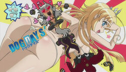  1boy adelaide_grand_marnier anime_screenshot ass blonde_hair blue_eyes blush breasts copyright_name dog_days eyecatch female heart heart-shaped_pupils large_breasts long_hair open_mouth shell shell_bikini smile star-shaped_pupils star_(symbol) symbol-shaped_pupils thong tiara valerio_calvados 