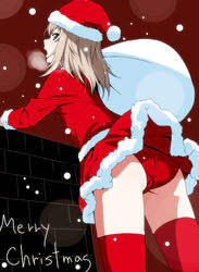  ass bag blue_eyes breath commentary_request crotch_seam dress english_text female from_behind girls_und_panzer grey_hair hat highres itsumi_erika long_hair long_sleeves looking_at_viewer looking_back merry_christmas open_mouth over_shoulder panties photoshop_(medium) red_dress red_hat red_panties red_thighhighs santa_costume santa_hat short_dress shounan_ruizu snow solo standing thighhighs underwear wall 