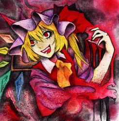  ascot blonde_hair blood blue_hair chotto collared_shirt female flandre_scarlet hair_between_eyes hat highres mob_cap open_mouth red_eyes red_vest shirt side_ponytail solo teeth touhou traditional_media upper_teeth_only vest yellow_ascot 