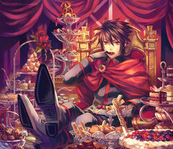  1boy arm_rest black_gloves black_hair blueberry cake cake_stand cape chocolate chocolate_syrup commentary_request cookie doughnut eating feast feet_on_table flower food food-themed_ornament food_in_mouth fruit gloves highres knife looking_at_viewer lucas_(pixiv_fantasia) macaron male_focus minami_seira pastry photoshop_(medium) pie pixiv_fantasia pixiv_fantasia_5 red_curtains red_eyes red_flower red_rose ribbon rose sitting solo spiked_hair strawberry throne thumbprint_cookie tiered_tray too_much_food trigard_empire truffle wafer_stick 