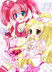  2girls :p bad_id bad_pixiv_id blonde_hair blue_eyes blush braid brooch choker cure_melody cure_rhythm curly_hair dress frills green_eyes hair_ribbon happy heart houjou_hibiki jewelry koron_(macarongirl27) long_hair magical_girl midriff minamino_kanade multiple_girls musical_note navel open_mouth outstretched_hand photoshop_(medium) pink_hair precure ribbon smile sparkle suite_precure thighhighs tongue tongue_out twintails wrist_cuffs 