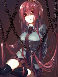  bad_id bad_pixiv_id chains expressionless female hantsuki_(ichigonichiya) long_hair megurine_luka necktie photoshop_(medium) pink_hair red_eyes sitting skirt solo thighhighs very_long_hair vocaloid yokozuwari zettai_ryouiki 