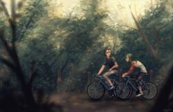  2boys artist_name bicycle branch brown_hair fingerless_gloves forest gloves green_hair hairband makishima_yuusuke male_focus multiple_boys nature outdoors riding sangcoon signature sunlight toudou_jinpachi tree yowamushi_pedal 