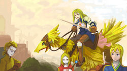  2boys 3girls agrias_oaks animal armor beak bird blonde_hair blue_eyes building cape chocobo commentary_request delita_heiral elrowa final_fantasy final_fantasy_tactics gloves holding holding_sword holding_weapon multiple_boys multiple_girls mustadio_bunansa outdoors ovelia_atkascha ramza_beoulve riding saddle sword wand weapon windmill 