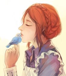  animal artist_name bird braid closed_eyes female freckles from_side kissing kissing_animal kyokugen_dasshutsu kyokugen_dasshutsu_adv:_zennin_shibou_desu luna_(kyokugen_dasshutsu) profile red_hair sangcoon signature solo upper_body white_background 