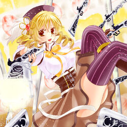  bad_id bad_pixiv_id beret blonde_hair drill_hair dual_wielding female fingerless_gloves gloves gun hat holding light_particles magical_musket mahou_shoujo_madoka_magica mahou_shoujo_madoka_magica_(anime) puffy_sleeves rifle sarasa-sasa solo thighhighs tomoe_mami tomoe_mami_(magical_girl) weapon 