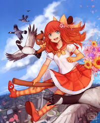  anime_north beaver bell bird blue_eyes blue_sky bow broom broom_riding building canada city cloud cn_tower commentary_request day elbow_gloves female flower gloves goose hoppouno_momiji jingle_bell mary_janes open_mouth orange_gloves photoshop_(medium) pleated_skirt red_hair round_teeth sailor_collar sangcoon shoes skirt sky smile solo striped_clothes striped_thighhighs sunflower teeth thighhighs toronto_(city) 