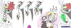  3boys battle_tendency black_hair black_spaghetti blonde_hair blush caesar_anthonio_zeppeli chibi cliff commentary_request falling female food jojo_no_kimyou_na_bouken joseph_joestar joseph_joestar_(young) kars_(jojo) lisa_lisa multiple_boys parody pasta photoshop_(medium) pocky pocky_kiss sbg shared_food spaghetti squid translated 