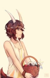  1boy animal_ears apple artist_name basket blue_eyes brown_hair carrying flower food freckles fruit goat_ears goat_tail head_wreath horns lily_(flower) male_focus original sangcoon signature solo tank_top upper_body wristband 