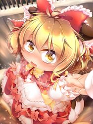  animal_ears bangs blush bow brown_eyes brown_hair chen dress earring eyebrows eyebrows_visible_through_hair female hair_ornament hairbow hand_holding heart heavy_breathing kurumai lolicon looking_up multiple_tails open_mouth red_bow solo solo_focus sparkle touhou 