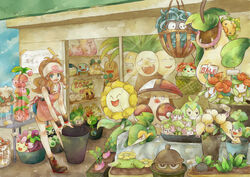  amoonguss apron bad_id bad_pixiv_id baseball_cap bellossom bellsprout blue_eyes boots brown_hair bucket cacnea carrying cherrim cherrim_(overcast) cherrim_(sunshine) cherubi denim denim_shorts exeggcute exeggutor female foongus hat high_ponytail highres hilda_(pokemon) hoppip lilligant oddish pansage pokemon pokemon_(creature) pokemon_bw psyduck roselia_(pokemon) seedot sewaddle shaymin shaymin_(land) shop shorts shroomish skiploom snivy squirt_bottle_(pokemon) squirtle sudowoodo sunflora sunkern suzukizukizuki swadloon tangela victreebel wailmer whimsicott wristband 