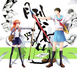  1boy bow calligraphy_brush commentary_request crossdressing female gekkan_shoujo_nozaki-kun height_difference hori_masayuki kashima_yuu mikoshiba_mikoto miniskirt miyako_yukari miyamae_ken nozaki_mayu nozaki_umetarou paintbrush photoshop_(medium) pleated_skirt polka_dot polka_dot_bow rouman_academy_school_uniform s7 sakura_chiyo school_uniform seo_yuzuki serafuku shaded_face skirt tanuki wakamatsu_hirotaka 