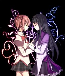  2girls akemi_homura akemi_homura_(magical_girl) bad_id bad_pixiv_id black_hair closed_eyes holding_hands hurateco kaname_madoka long_hair mahou_shoujo_madoka_magica mahou_shoujo_madoka_magica_(anime) mitakihara_school_uniform multiple_girls pink_hair purple_skirt school_uniform skirt twintails 