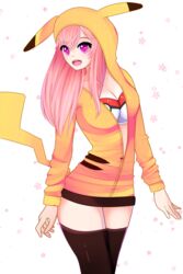  absurdres blush bra breasts cleavage commentary_request cosplay female highres long_hair looking_at_viewer magpii nitroplus open_mouth pikachu pikachu_(cosplay) pink_eyes pink_hair poke_ball poke_ball_print pokemon pokemon_(creature) smile solo super_sonico thighhighs underwear 