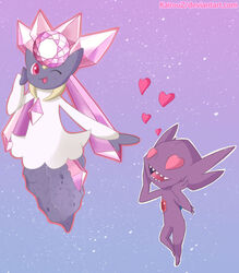  absurd_res ambiguous_gender crystal diamond_(gem) diancie digital_media_(artwork) duo elemental_creature gem gem_creature generation_3_pokemon generation_6_pokemon heart_eyes heart_symbol hi_res humanoid infatuation kairouz legendary_pokemon mineral_fauna nintendo one_eye_closed pokemon pokemon_(species) purple_background sableye simple_background wink 