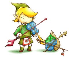  2boys blonde_hair boots closed_eyes commentary_request fado_(wind_waker) hat instrument kinakomochi_(kazuna922) kokiri korok leaf makar multiple_boys open_mouth pointy_ears simple_background smile the_legend_of_zelda the_legend_of_zelda:_the_wind_waker violin 