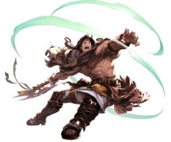  1boy abs axe belt boots braid brown_eyes brown_hair cape dark-skinned_male dark_skin eso_(granblue_fantasy) facial_mark feathers full_body granblue_fantasy headband long_hair male_focus minaba_hideo official_art solo topless_male transparent_background twin_braids weapon 