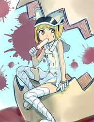  bangs bleach blonde_hair blunt_bangs brown_eyes female gloves hat liltotto_lamperd meitarou military military_uniform peaked_hat popscicle quincy_(bleach) sitting solo uniform 