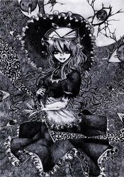  chotto commentary_request elbow_gloves female gap_(touhou) gloves greyscale hat highres monochrome parasol solo touhou umbrella yakumo_yukari 