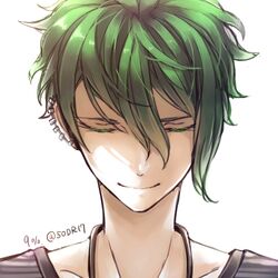  1boy ahoge amami_rantarou blue_shirt danganronpa ear_piercing earrings eyebrows eyelashes green_hair jewelry necklace new_danganronpa_v3 pendant piercing shirt short_hair smile solo striped striped_shirt 