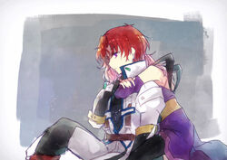  axel_almer banned_artist coat female gloves hug hug_from_behind lemon_browning long_hair lowres nunuko_(mu661129) pink_hair purple_eyes red_hair simple_background super_robot_wars super_robot_wars_advance super_robot_wars_advance_portable super_robot_wars_original_generation 