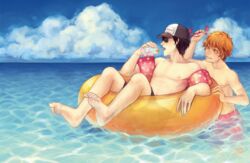  2boys artist_name black_hair blue_sky cloud commentary_request crab day haikyuu!! hat hinata_shouyou inflatable_armbands innertube juice_box kageyama_tobio male_focus male_swimwear multiple_boys ocean orange_eyes orange_hair partially_submerged sangcoon signature sky sunglasses swim_ring swim_trunks 