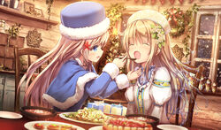  2girls :d :o ^_^ armband blonde_hair blue_eyes blue_hat blurry blush box cake capelet chair christmas christmas_ornaments christmas_tree closed_eyes commentary_request depth_of_field dress facing_another feeding flower food fur-trimmed_sleeves fur_hat fur_trim gift gift_box hair_flower hair_ornament hat highres holding holding_spoon indoors juliet_sleeves liquid_hair long_hair long_sleeves looking_at_another matryoshka_doll missile228 multiple_girls open_mouth original painting_(object) picture_frame plant plate profile puffy_long_sleeves puffy_sleeves rusalka_(mythology) shelf sitting smile snegurochka_(mythology) snow snowing soup sparkle spoon star_(symbol) starfish_hair_ornament table vines white_dress window wooden_wall wreath 