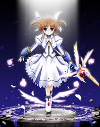  blue_eyes brown_hair commentary_request energy_ball female flipper full_body highres lyrical_nanoha magic_circle mahou_shoujo_lyrical_nanoha mahou_shoujo_lyrical_nanoha_the_movie_1st photoshop_(medium) raising_heart raising_heart_(cannon_mode) solo takamachi_nanoha takamachi_nanoha_(movie_1st_mode) twintails wings 