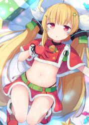  ahoge azur_lane bell blonde_hair candy chestnut_mouth commentary_request eldridge_(azur_lane) eldridge_(holy_night&#039;s_embrace)_(azur_lane) facial_mark female food gift gloves hair_ornament hairclip highres long_hair looking_at_viewer lying midriff navel official_alternate_costume okota_mikan on_back pentagram pentagram_hair_ornament red_eyes red_footwear red_gloves red_skirt skirt solo star_(symbol) star_hair_ornament twintails very_long_hair 