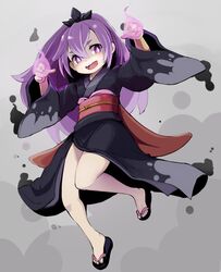  black_kimono commentary_request female full_body grey_background high_ponytail highres hyakkihime japanese_clothes kimono long_hair looking_at_viewer momo_(higanbana_and_girl) multicolored_hair open_mouth purple_eyes purple_hair sandals solo two-tone_hair youkai_(youkai_watch) youkai_watch zouri 