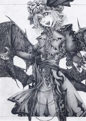  bat_wings chotto fangs female greyscale hat highres monochrome remilia_scarlet short_hair solo touhou traditional_media wings 