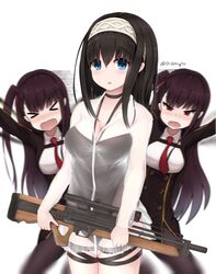  &gt;_&lt; 2girls afterimage alternate_costume asymmetrical_bangs black_hair black_one-piece_swimsuit blue_eyes breasts cleavage commentary_request cosplay driftkingtw girls&#039;_frontline gun hair_ribbon hairband holding holding_gun holding_weapon idolmaster idolmaster_cinderella_girls jacket long_hair long_sleeves looking_at_viewer medium_breasts multiple_girls official_alternate_costume one-piece_swimsuit one_side_up open_mouth pantyhose photoshop_(medium) red_eyes ribbon rifle sagisawa_fumika see-through see-through_jacket simple_background sniper_rifle swimsuit swimsuit_under_clothes twitter_username wa2000_(girls&#039;_frontline) wa2000_(girls&#039;_frontline)_(cosplay) wa2000_(op._manta_ray)_(girls&#039;_frontline) weapon 