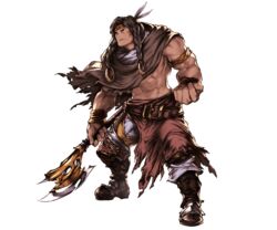  1boy abs axe belt boots braid brown_eyes brown_hair cape dark-skinned_male dark_skin eso_(granblue_fantasy) facial_mark feathers full_body granblue_fantasy headband long_hair male_focus minaba_hideo official_art solo topless_male transparent_background twin_braids weapon 