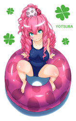  aqua_eyes barefoot breasts drill_hair female kyokugen_dasshutsu kyokugen_dasshutsu_adv:_zennin_shibou_desu large_breasts long_hair looking_at_viewer one-piece_swimsuit pink_hair sanagi_torajirou school_swimsuit smile solo swimsuit yotsuba_(kyokugen_dasshutsu) 