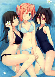  3girls ;) absurdres akinashi_yuu bare_shoulders bikini black_bikini black_hair blue_bikini breasts cleavage copyright_name flat_chest flower girl_sandwich green_eyes groin hair_between_eyes hair_intakes highres koi_to_senkyo_to_chocolate large_breasts leg_between_thighs long_hair looking_at_viewer lying morishita_michiru multiple_girls navel old_school_swimsuit on_back on_side one-piece_swimsuit one_eye_closed orange_hair partially_submerged petals photoshop_(medium) red_eyes sandwiched scan school_swimsuit shinonome_satsuki smile strap_gap sumiyoshi_chisato swimsuit two_side_up 